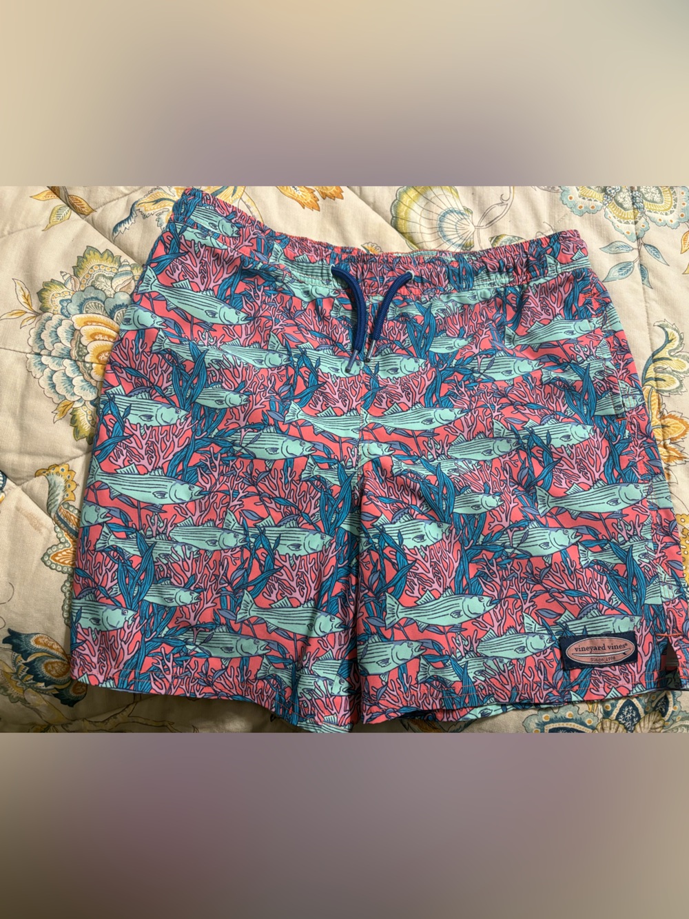 Vineyard Vines Pink & Teal Fish-Print swim trunks